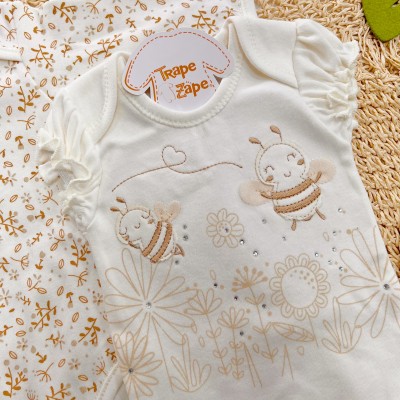 CONJ. DE MALHA 3 PEÇAS - Abelha Fofa com Tule - Off White e Ferrugem